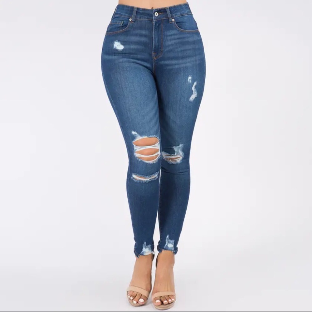 High waist distressed skinny jeans